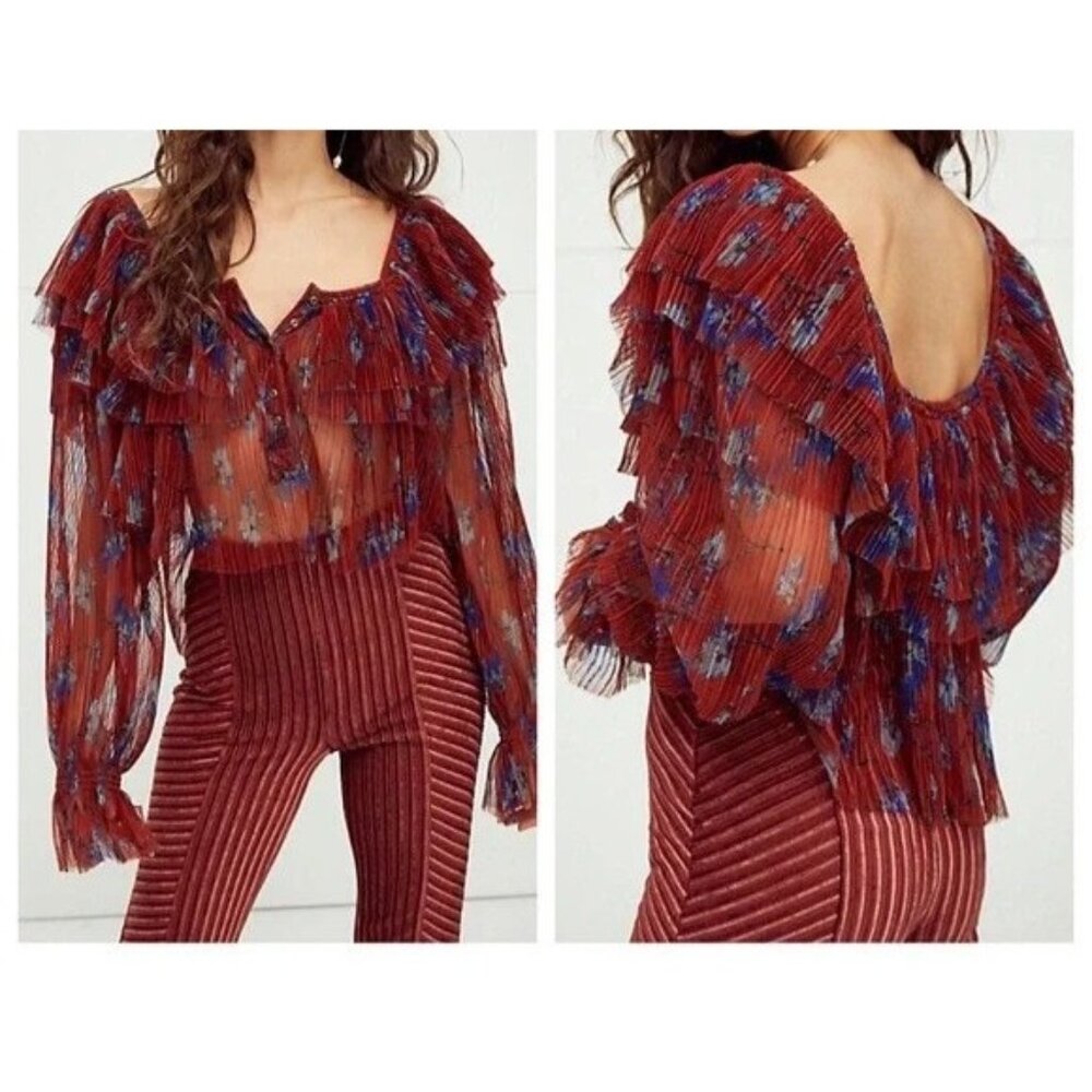 Free People Frills and Thrills Ruffle Sheer LS Blouse Top S Boho Gypsy Femme NWT